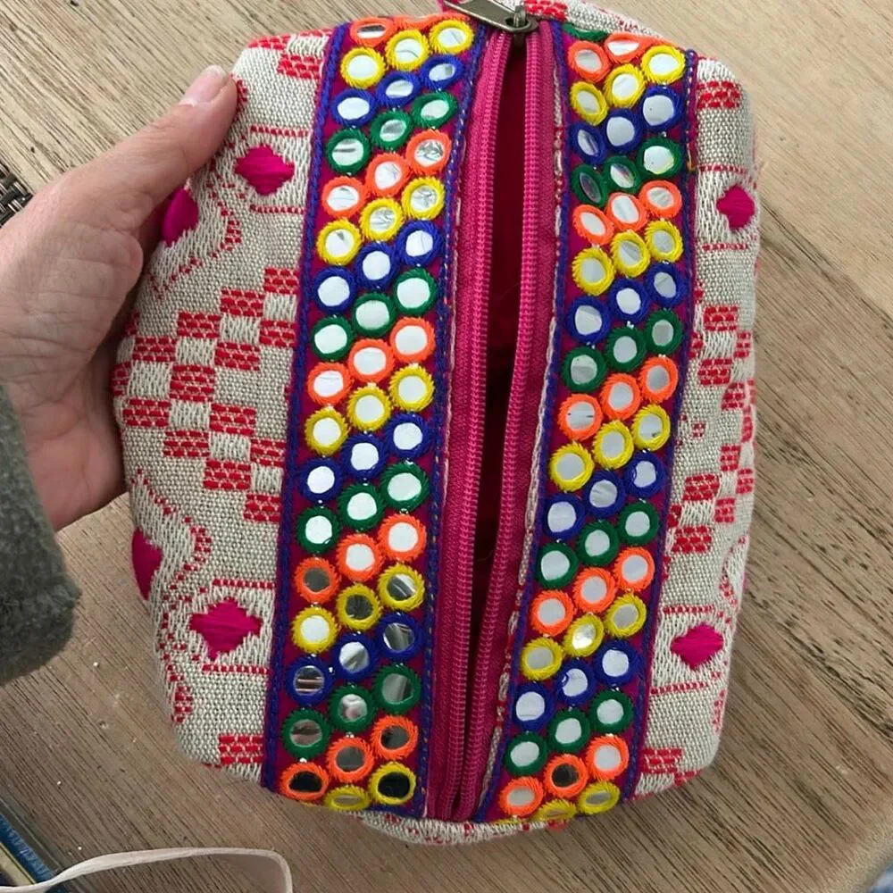 Lovestitch boHo embroidered pink tassel pouch bag clutch beige